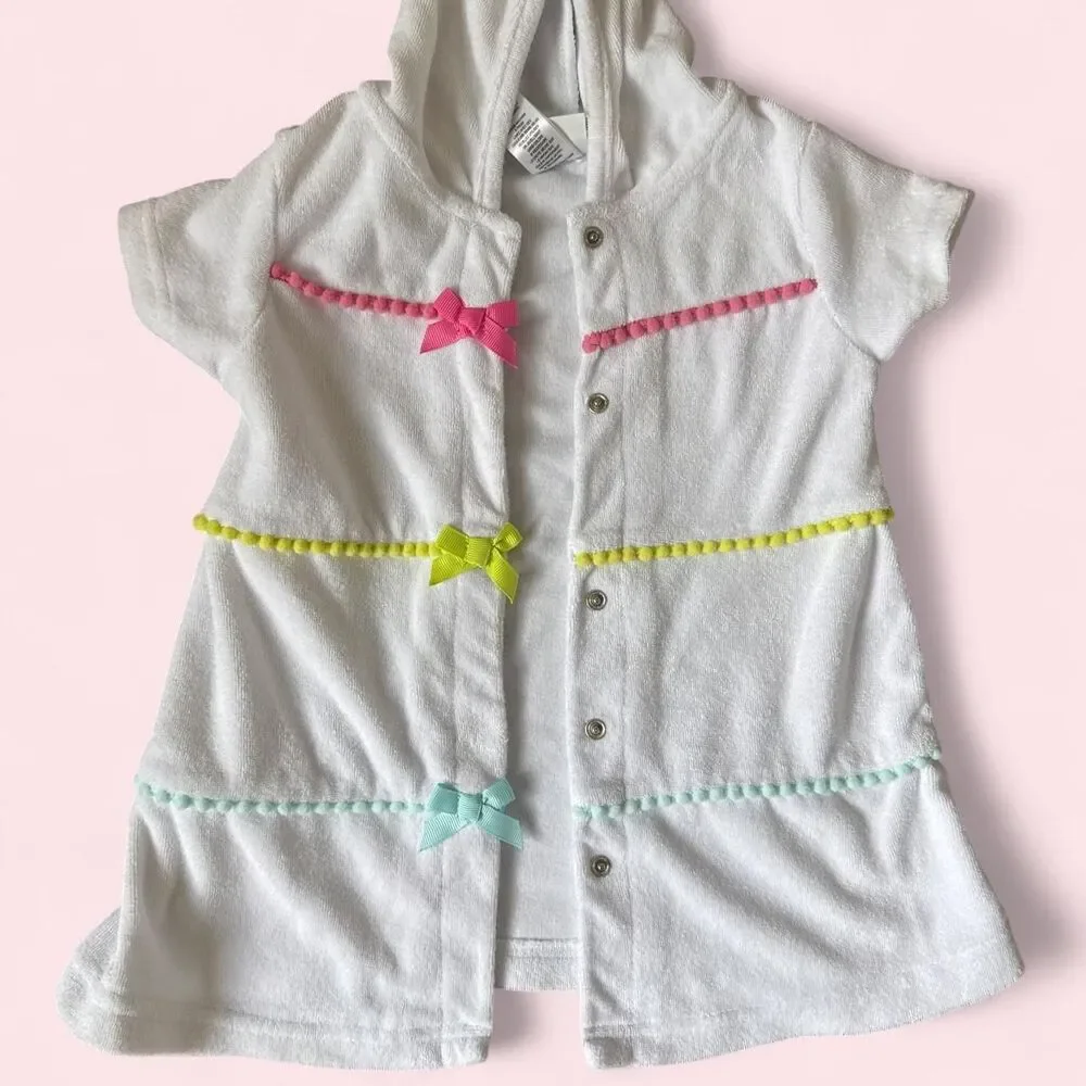 Little Me Hooded Terry Cover-Up Dress 18M | White with Colorful Bows
